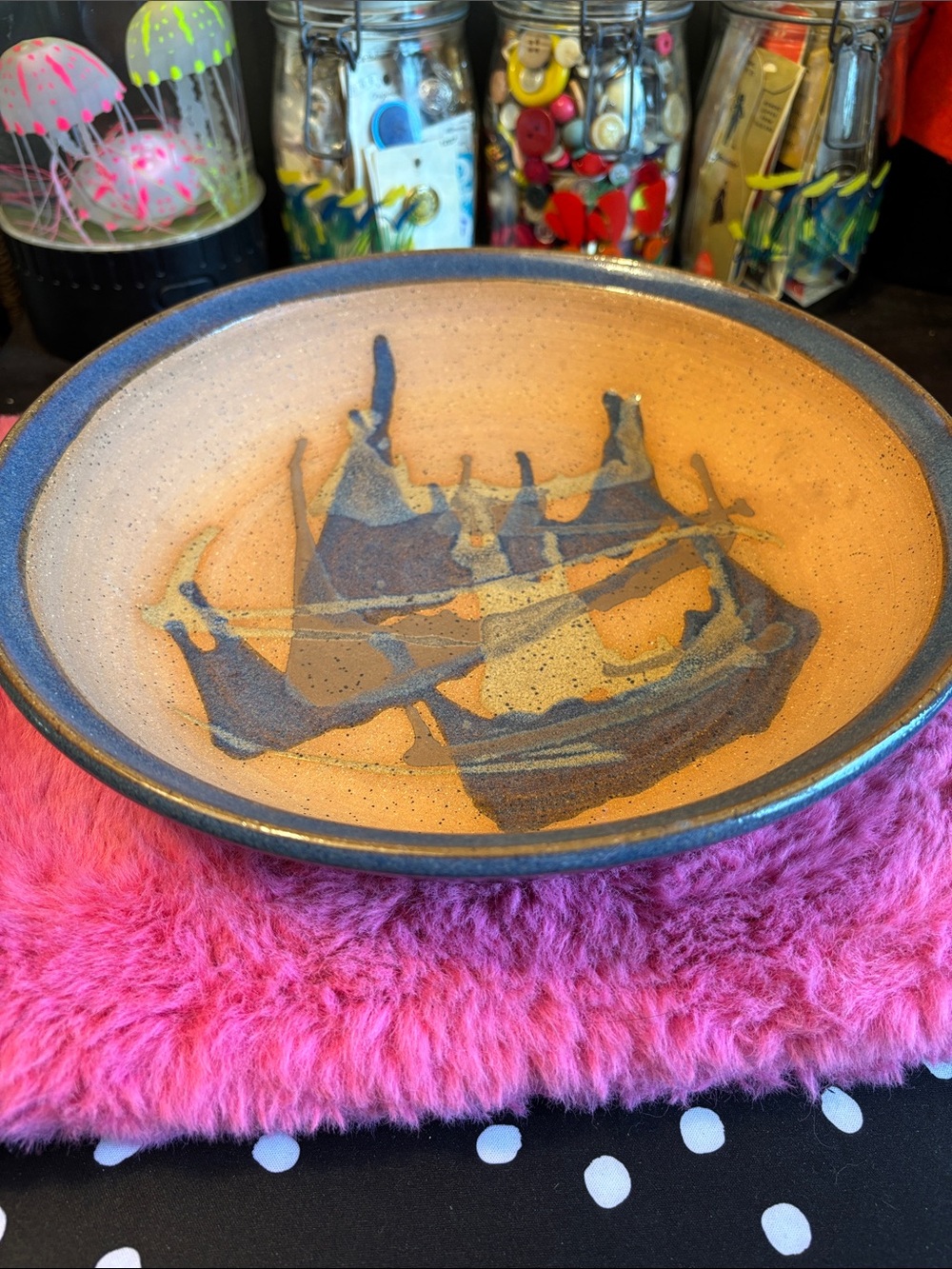 EUC VINTAGE Terracotta Stoneware Studio Art 11" Plate Bowl Blue Glazed Pottery I